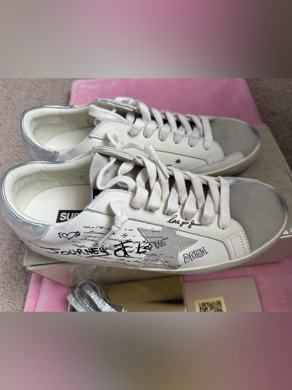 Golden Goose Grafitti White and Silver Low-Top Sneakers with Graphic Accents